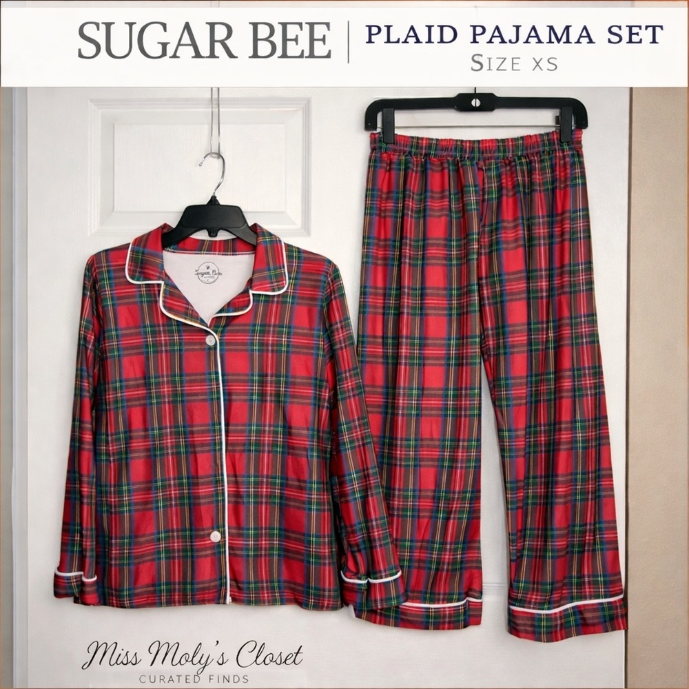Sugar Bee Plaid Pajama Set XS Boutique Sleepwear Button Up Lounge Set